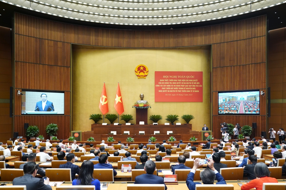 Hội nghị toàn quốc quán triệt và triển khai thực hiện Nghị quyết số 68-NQ/TW của Bộ Chính trị về phát triển kinh tế tư nhân diễn ra sáng nay. Ảnh: Quochoi.vn